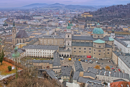 View from Hohensalzburg Castle. Salzburg, Austria. Church of St. Peter's Abbey and Benedectine Monastery. December 2016.のeditorial素材