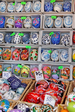 Background with Easter eggs. Handmade colorful easter eggs for sale. Traditional easter market. Prague, Czech Republic. March 2017のeditorial素材