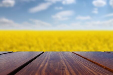 Wood table top and spring canola field background.の写真素材
