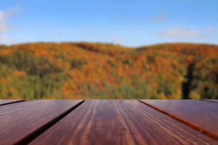 Wood table background and autumn forest background.の写真素材