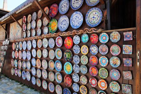 Plates with traditional national patterns - popular souvenir from Nesebr, Bulgaria.の写真素材