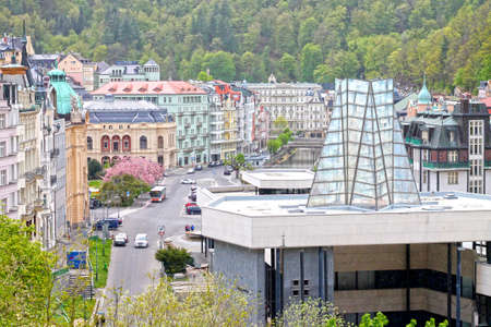 View of street with hot spring colonnade Vridlo in Karlovy Vary. Czech Republic. 05/05/2020 yearのeditorial素材