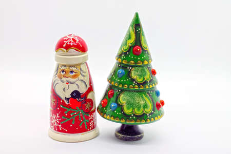 Russian wooden dolls - matrioshka. Father Frost and new year tree. Popular souvenirs from Russia.の写真素材