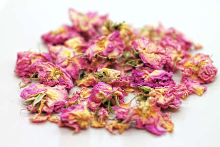 Dry rose buds for tea on white background. Selektive focus.の写真素材