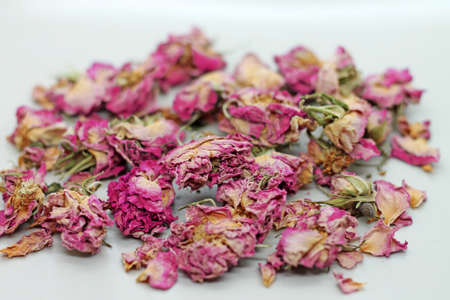 Dry rose buds for tea on white background. Selektive focus.の写真素材