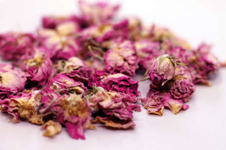 Dry rose buds for tea on white background. Selektive focus.の写真素材