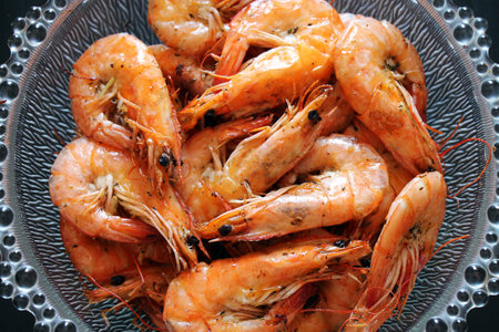 Boiled shrimps on a plate, close-up.の写真素材