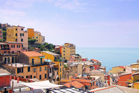 View of the sea from above the famous city Riomaggiore in Cinque Terre. Ligurie, Italy.の写真素材