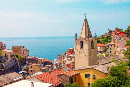 View of the sea from above the famous city Riomaggiore in Cinque Terre. Ligurie, Italy.の写真素材