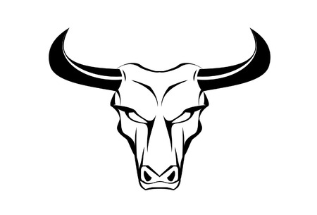 Front view of the staring bull with the black horn  Suitable for mascot, symbol, emblem  insignia, community identity, sport team, illustration for apparel  etc のイラスト素材