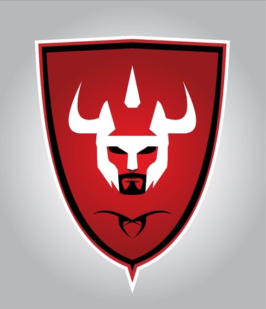 white warrior head with the mustache and beard on red shieldのイラスト素材