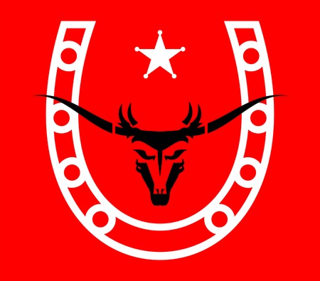 long horn wild bull head combine with the horseshoe and star icon on red backgroundのイラスト素材