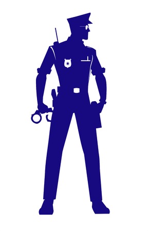 Policeman with the alert standing position holding a Handcuffs at the right hand. full body silhouette. Policeman silhouette. Policeman isolatedのイラスト素材