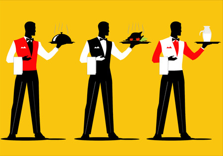 A set of waiter holding a tray with various uniform. Dish up various cuisineのイラスト素材