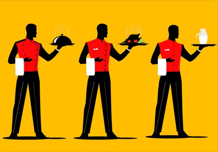 A set of waiter holding a tray with various uniform. Dish up various cuisineのイラスト素材