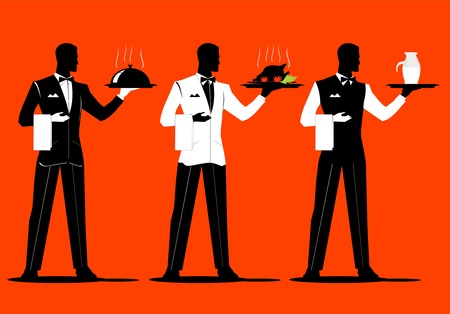 A set of waiter holding a tray with various uniform. Dish up various cuisineのイラスト素材