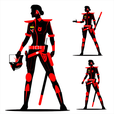 Riot Policewoman. future policewoman without helmet in Black & Red.のイラスト素材