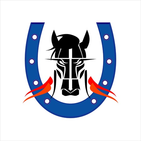 hairy black wild horse surrounded by flat color horseshoeのイラスト素材