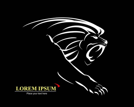 Lion, Roaring and Growling in the Dark. white illustration on black background.のイラスト素材