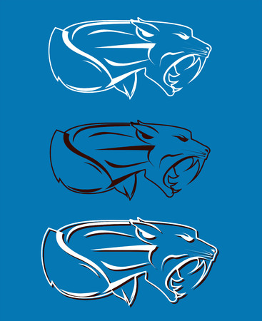roaring rampage tiger head. consist of 3 layers, white line vector, black line vector, and blue background.のイラスト素材