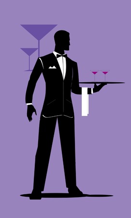 Waiter. full body silhouette of standing waiter holds a tray.のイラスト素材
