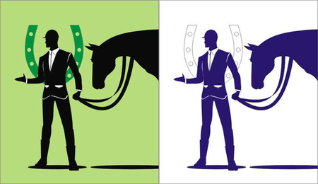 vector illustration. Jockey & Horse silhouette with the horseshoe at the backgroundのイラスト素材