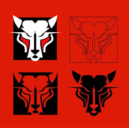 a set of wild cat head icon in various style on Red backgroundのイラスト素材