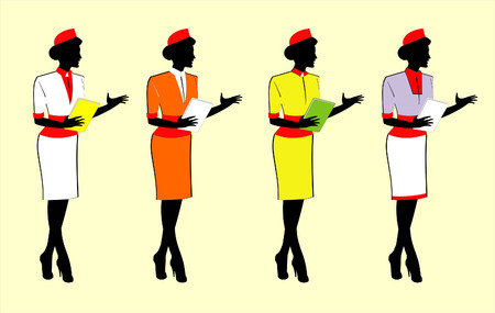 Waitress/stewardess silhouette, holding menu/ digital gadgetのイラスト素材