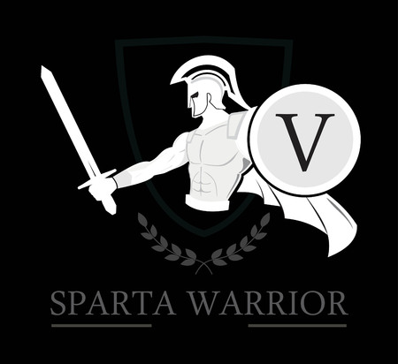 Spartan Warrior holding shield and sword over the shield icon and  laurel wreath.のイラスト素材