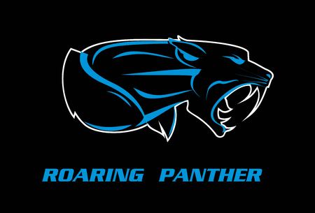roaring panther text and panther silhouette with blue lines vector illustration on black background.のイラスト素材