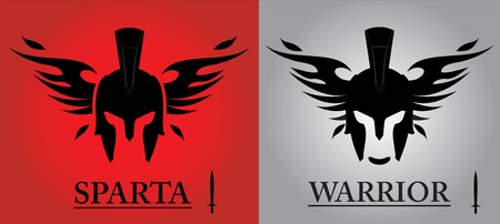 Front view of winged warrior head combine with text and sword icon. isolated sparta helmet. Suitable for team identity, mascot, community icon, product identity, etc.のイラスト素材