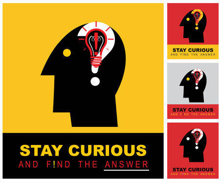Inspirational quote. conceptual vector illustration of curiosity. Head icon, question mark, light bulb & exclamation mark. suitable for education icon, business, etc.のイラスト素材