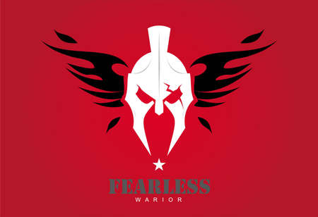 front view of winged warrior head combine with text . sparta helmet isolated on red background. Suitable for team identity, mascot, community icon, product identity, etc.のイラスト素材