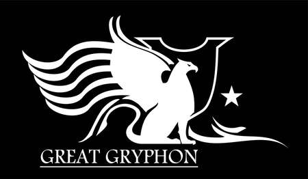 griffin, white gryphon on black backgroundのイラスト素材