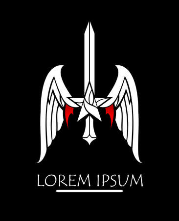 winged white sword with star on black backgroundのイラスト素材