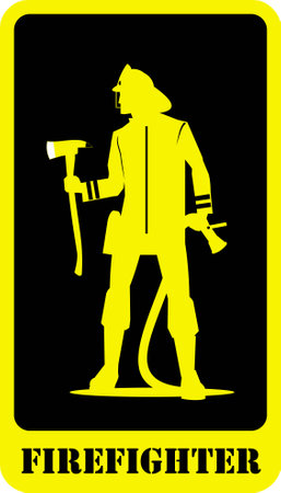 Firefighter silhouette with the axe and sprinkler, black color background combines with the yellow silhouette.の写真素材