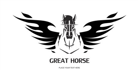 Pegasus Horse in black and white. suitable for team identity, sport club mascot, insignia, embellishment, emblem, illustration for apparel, mascot, equestrian club, motorcycle commの写真素材