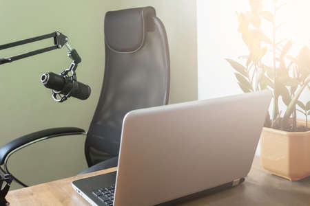 Home record studio. Items for recording podcast. Online workplace with professional microphone. Home...