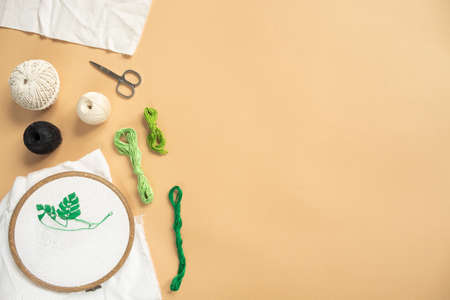 Embroidery composition. Flat lay with needlework and knitting.の写真素材