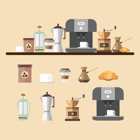 Set of coffee devices in flat style. Coffee icons illustration. Set for coffee shop. Device for making coffee.のイラスト素材