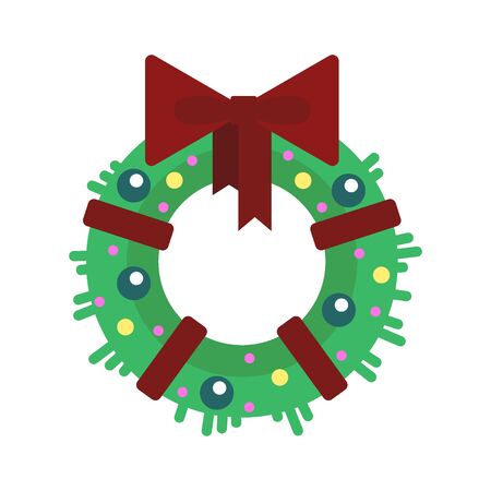 Flat Christmas wreath with balls and ribbon, isolated on white background - vector illustration. Happy New Year, xmasのイラスト素材