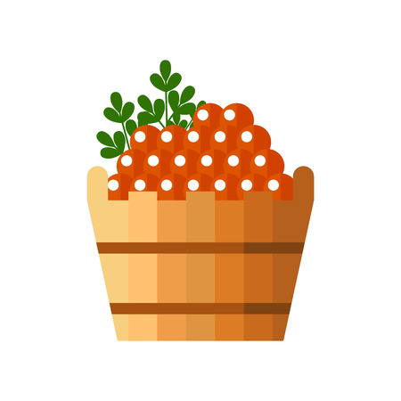 Red caviar in a wooden barrel. Roe icon vector illustration. Russian traditional snack. Caviare menu for restaurantのイラスト素材