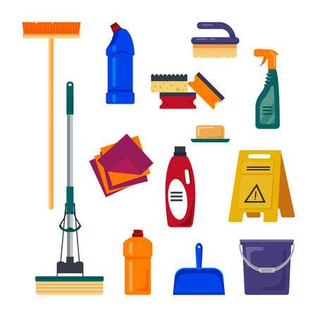 Cleaning service. Set house cleaning tools icons logo isolated on white background, flat vector illustration, household equipment.のイラスト素材