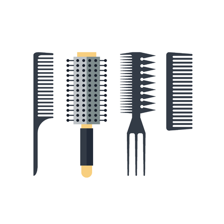 Set flat combs isolated on white background - vector illustration. Equipment for barbershop, styling tool. Beauty salon accessories.のイラスト素材