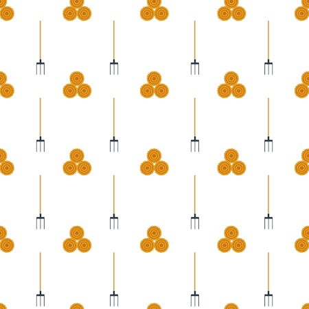 Seamless pattern flat dried haystack with hayfork isolated on white background. Farming haymow bale hayloft vector illustrationのイラスト素材
