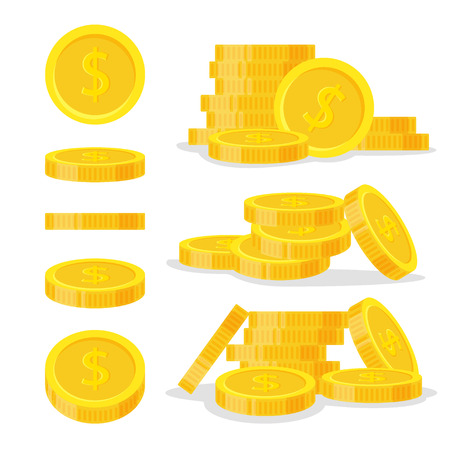 Set coins stack vector illustration, icon flat finance heap, dollar coin pile. Golden money standing on stacked, gold piece isolated on white background - flat style.のイラスト素材