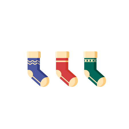 Flat christmas socks for presents isolated on white background. Xmas elements for greeting card, invitation, happy New Yearのイラスト素材