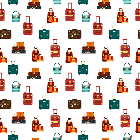 Seamless pattern travel bags isolated on white background vector illustration. Collection business voyage packing, handle trip baggage. Summer time. Handbag and luggage for adventureのイラスト素材