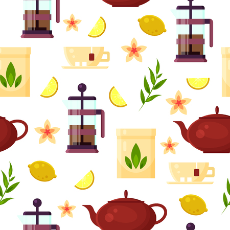 Tea ceremony - teapot, french press, cup, lemon, tea leaf. Flat vector illustration - seamless patternのイラスト素材