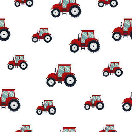 Seamless pattern red tractor on white background. Agricultural transport for farm in flat style - vector illustration. Farming vehicleのイラスト素材